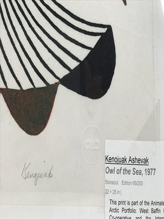 Kenojuak Ashevak. Owl Of Tthe Sea. Stonecut and Stencil on Paper. Limited, Numbered, Signed. Fine condition.
