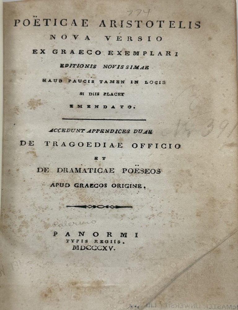 Item #68023 Poeticae Aristotelis Nova Versio Ex Graeco Exemplari Editionis Novissimae Haud Paucis Tamen In Locis Si Diis Placet Emendato. Aristotle, Jakob Josef Von Haus, Trans.